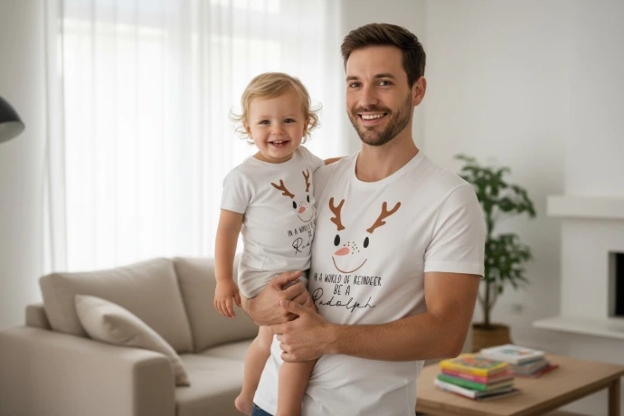 Père et enfant portant des t-shirts blancs personnalisés